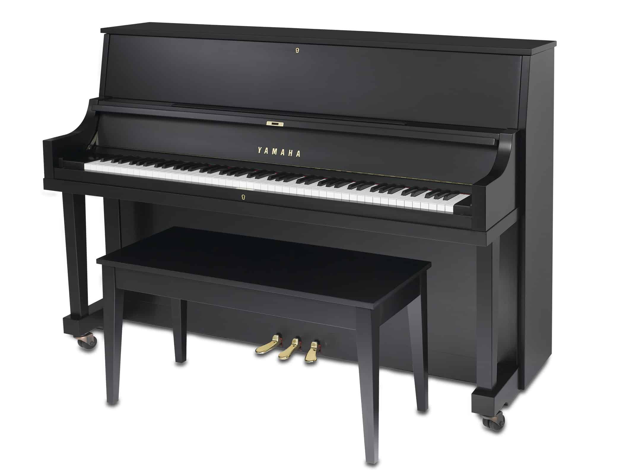 Yamaha P22 Upright Piano in Satin Ebony at 3/4 Angle